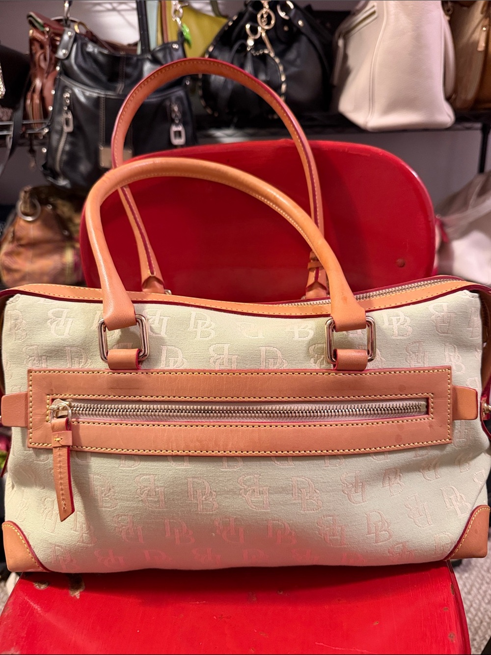 Dooney & Bourke Cream Canvas Satchel with Tan Leather Trim and Gold Hardware - Picture 2 of 4